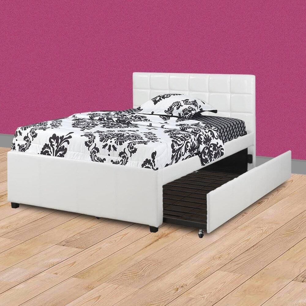 Gracious Wooden Full Bed with Trundle and SQU Tufted HB, White
