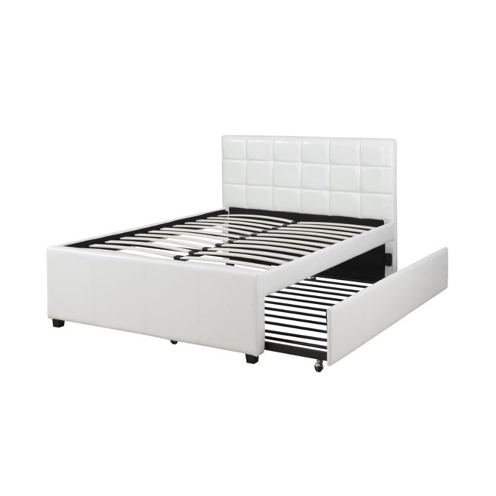 Gracious Wooden Full Bed with Trundle and SQU Tufted HB, White