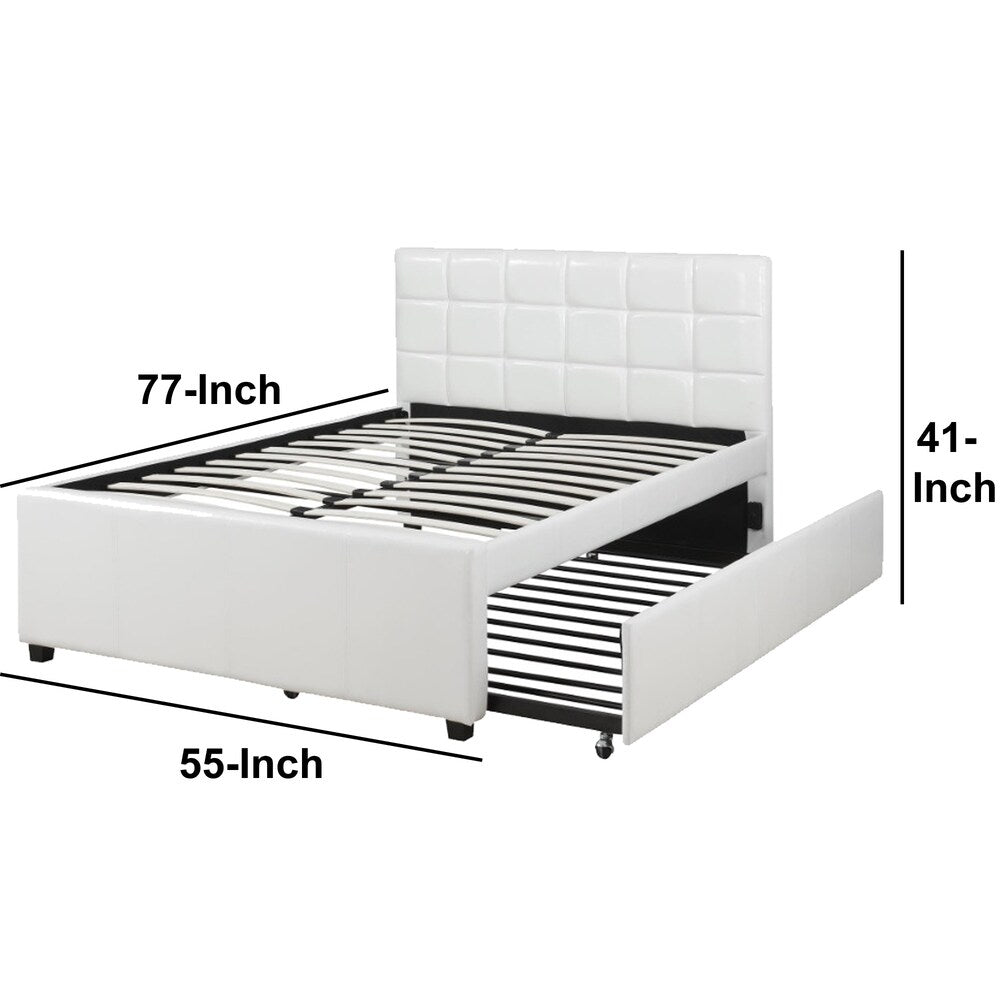 Gracious Wooden Full Bed with Trundle and SQU Tufted HB, White