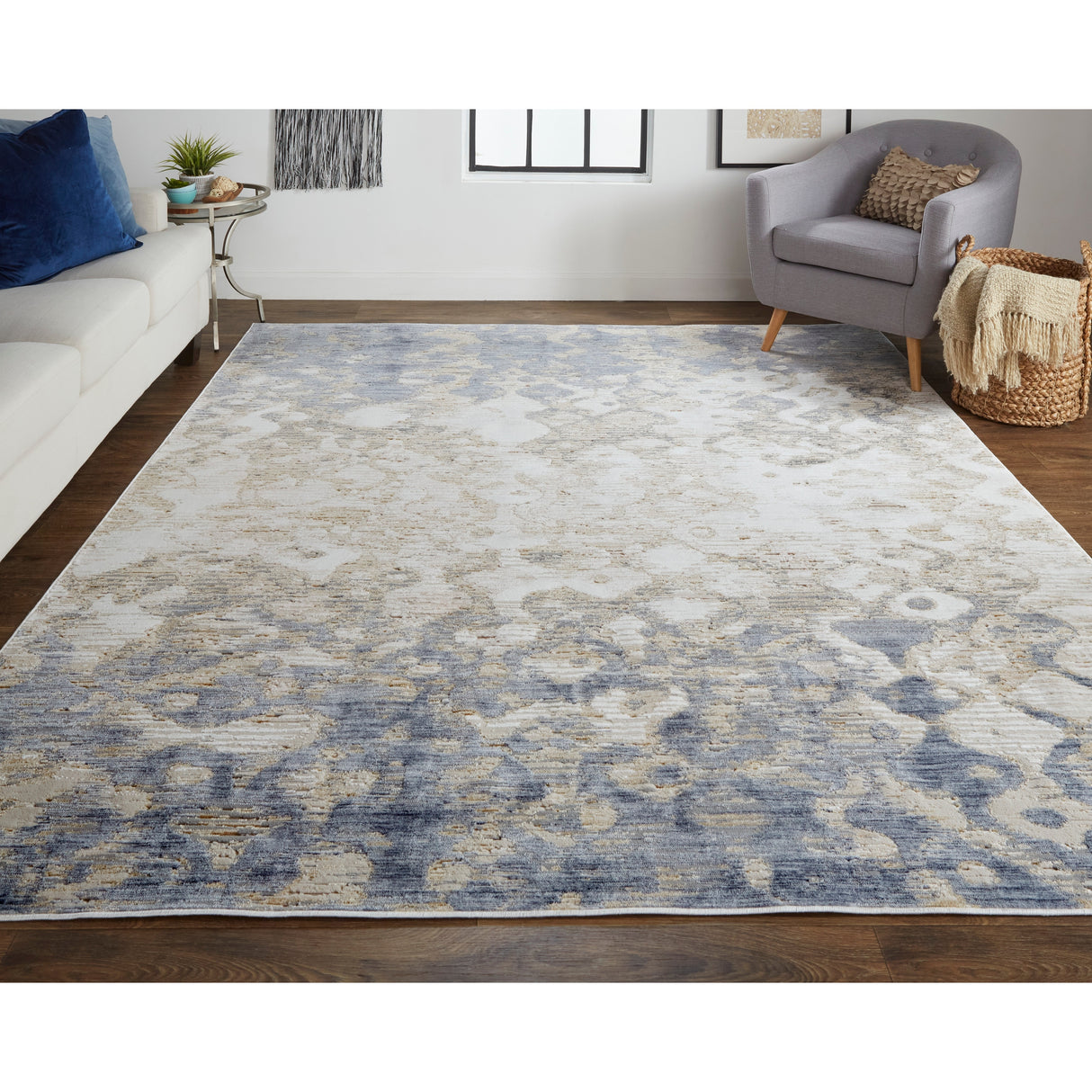 Corben Contemporary Watercolor Rug, Ivory/Blue/Silver Gray