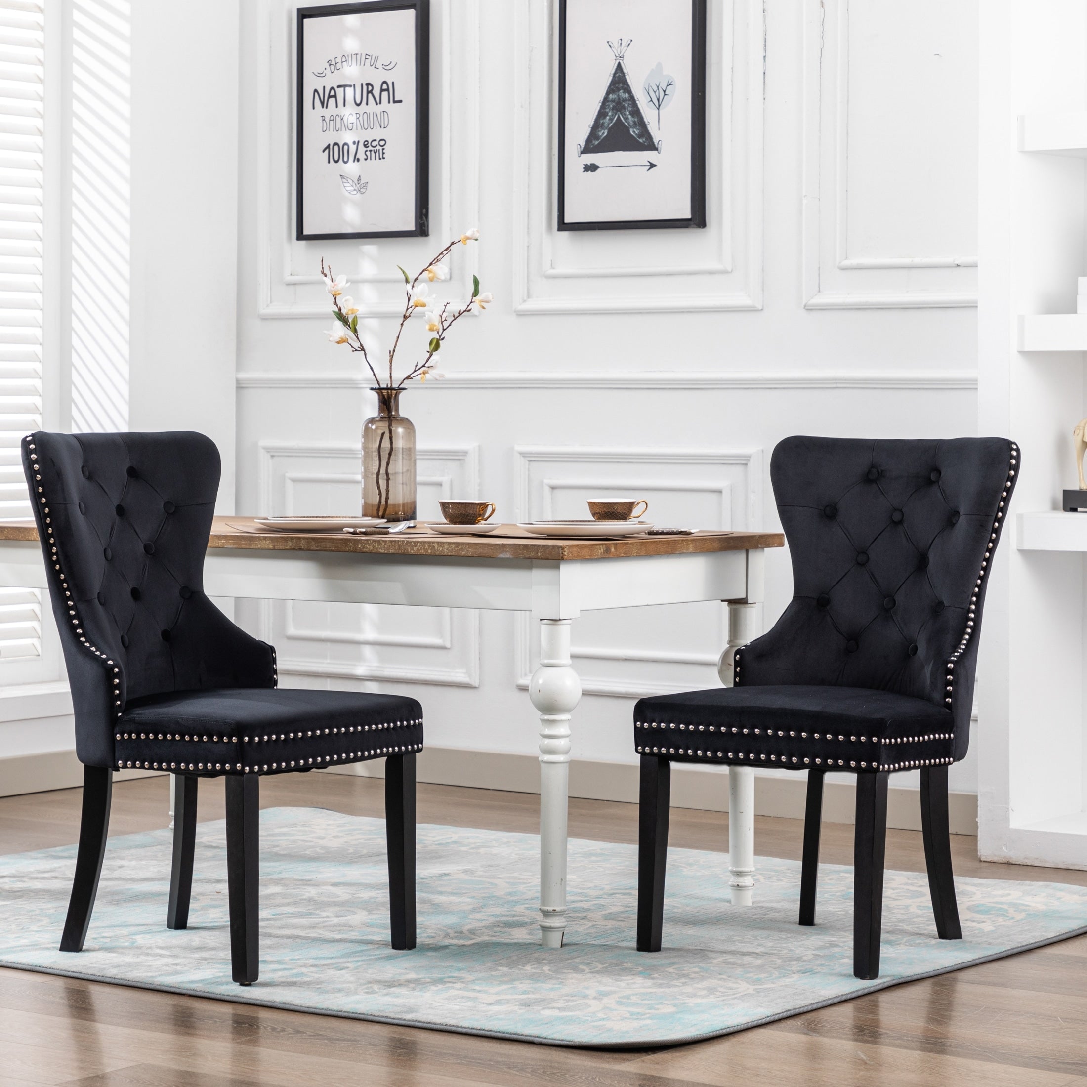 Polytrends Grandview Tufted Upholstered Dining Chair Set of 2 with Nailhead Trim and Ring Pull Wingback Chairs Black Velvet