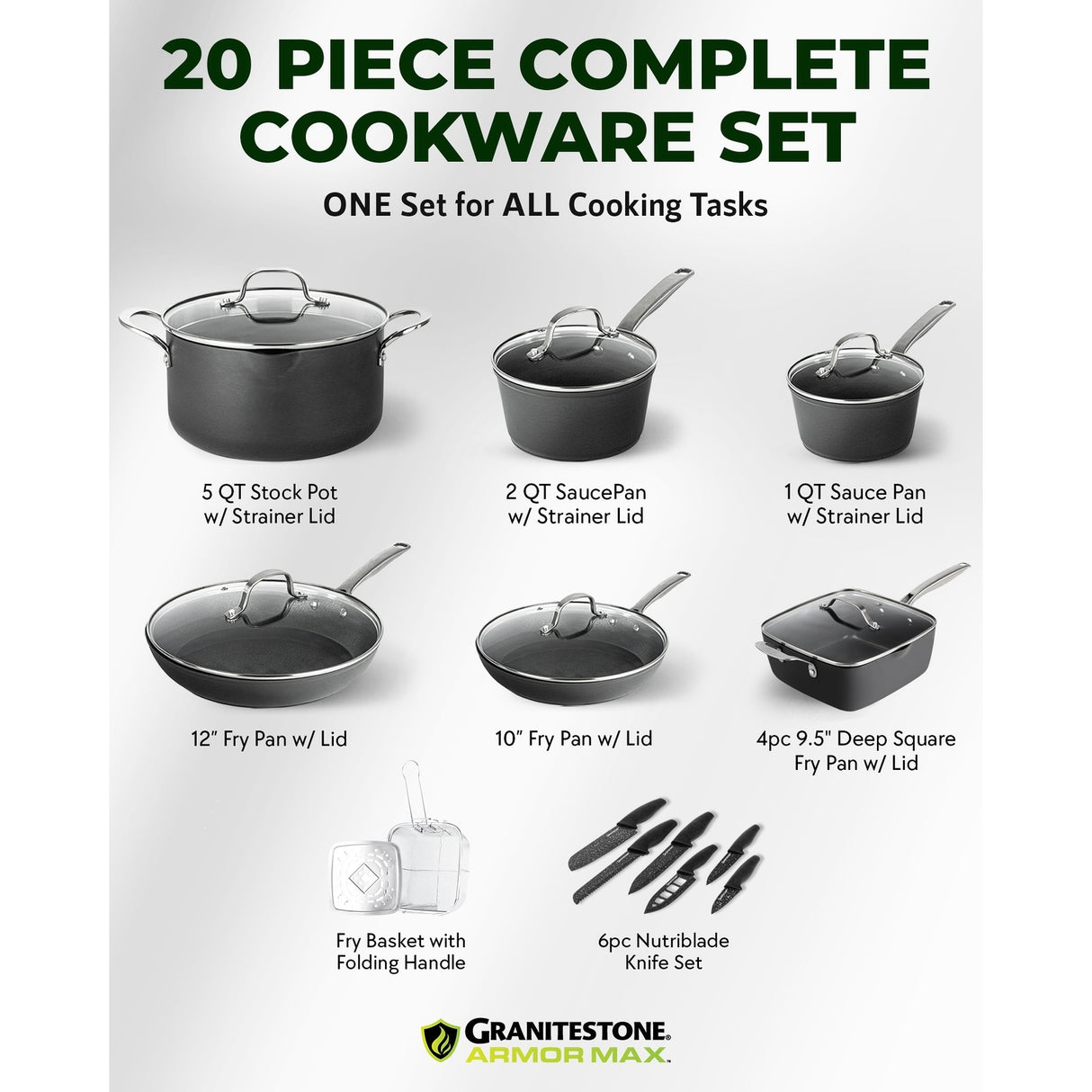 Granitestone Armor Max 20 Piece Hard Anodized Nonstick Cookware Set