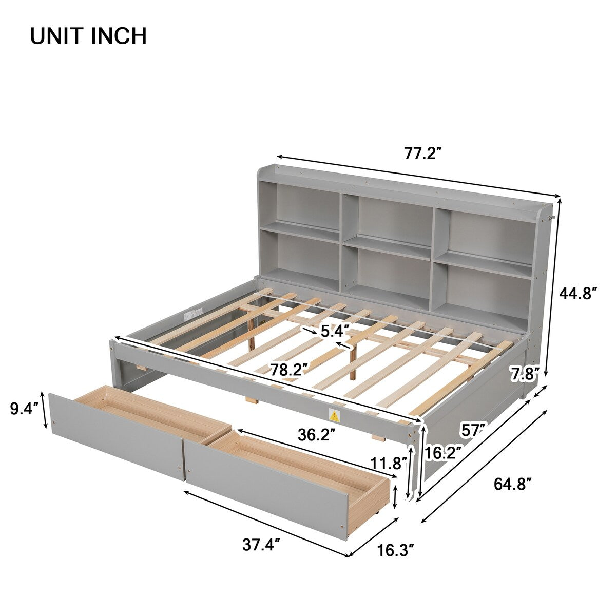 Gray Full Bed with Side Bookcase and Built-In Drawers