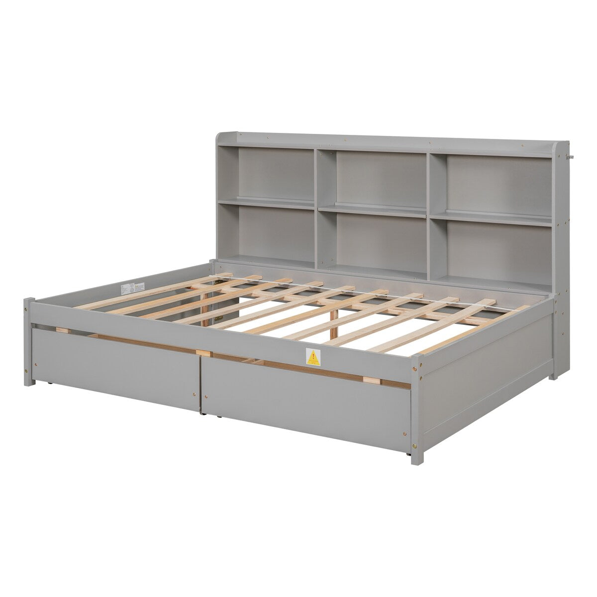 Gray Full Bed with Side Bookcase and Built-In Drawers