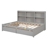 Gray Full Bed with Side Bookcase and Built-In Drawers