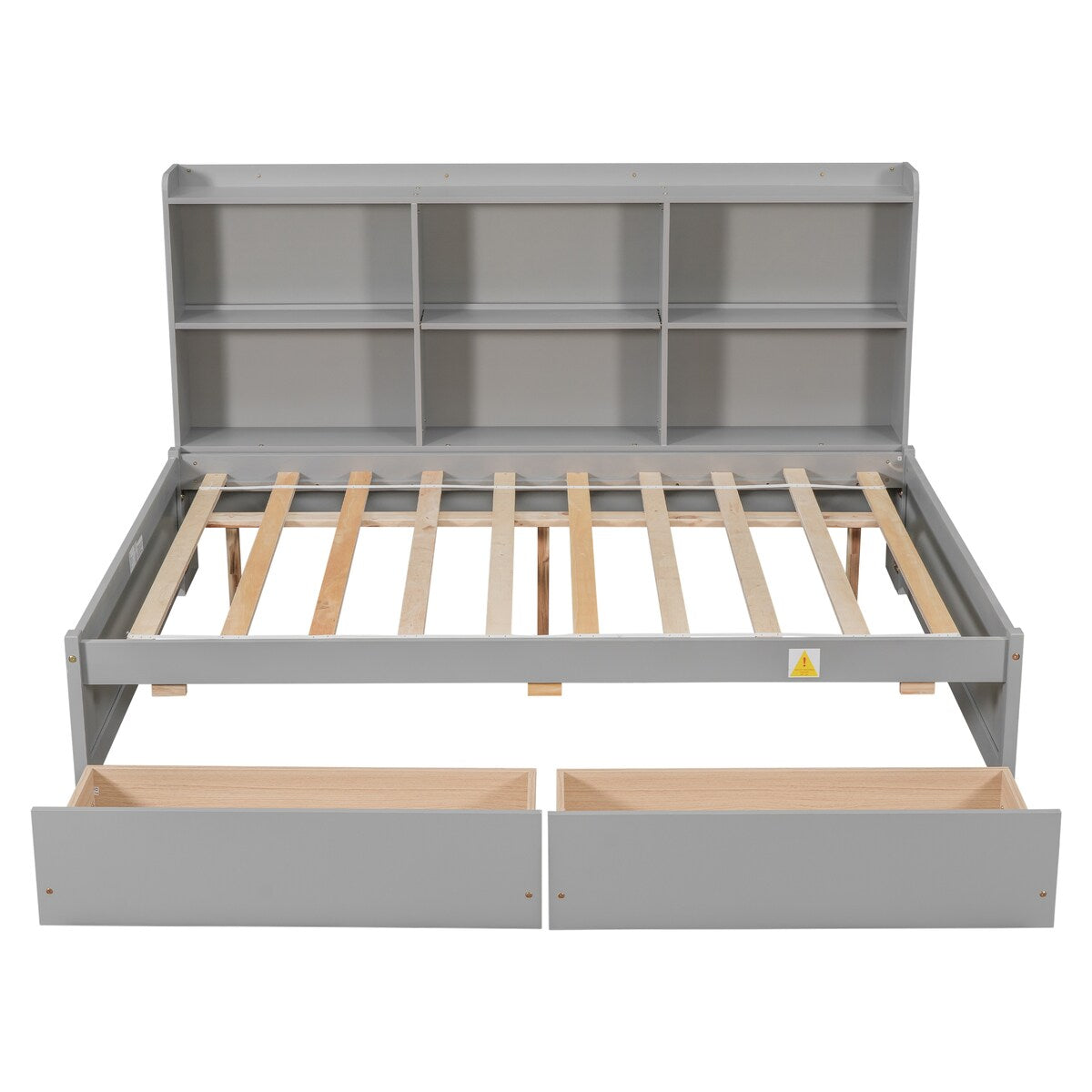 Gray Full Bed with Side Bookcase and Built-In Drawers