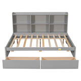 Gray Full Bed with Side Bookcase and Built-In Drawers
