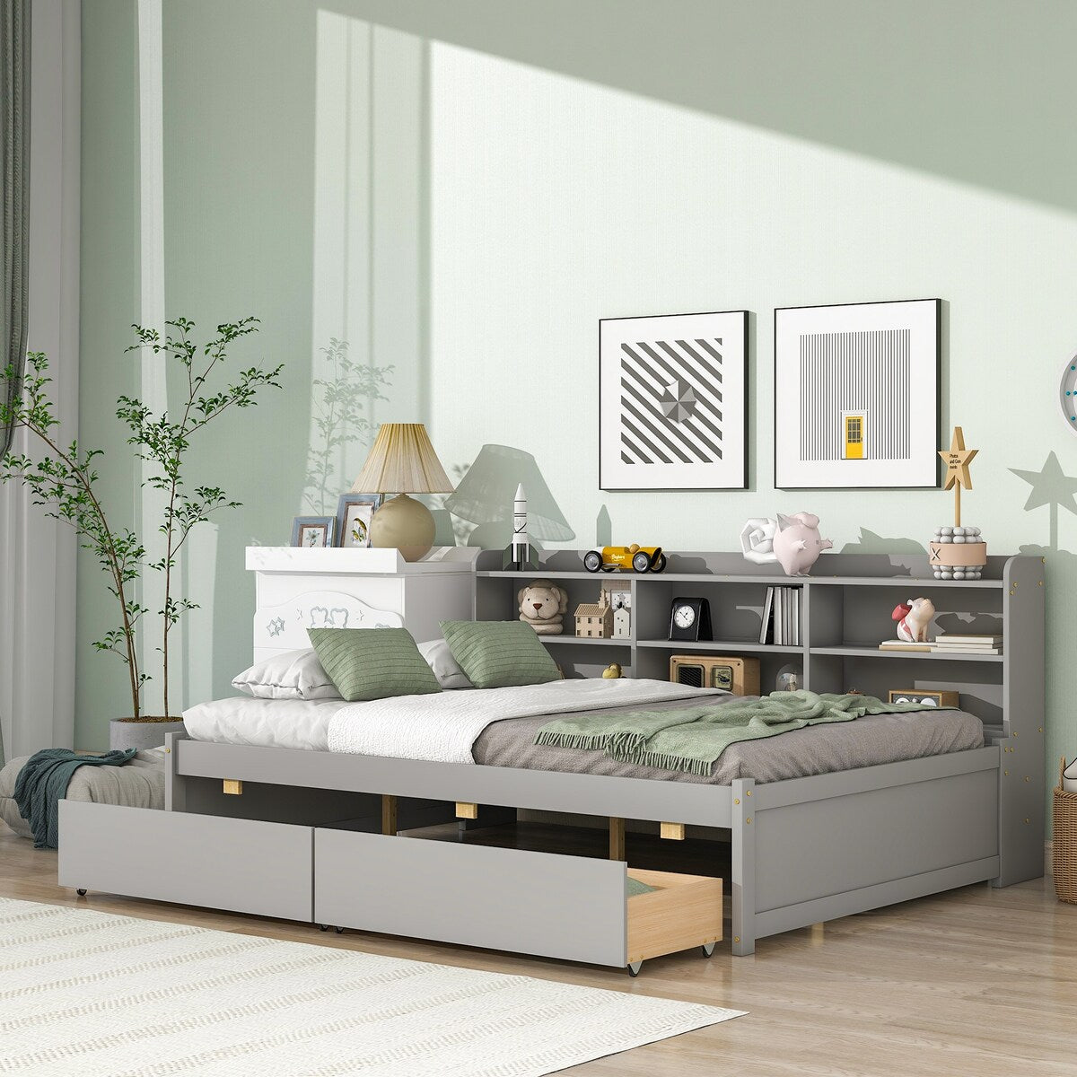 Gray Full Bed with Side Bookcase and Built-In Drawers