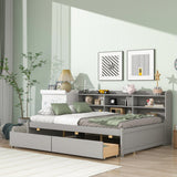 Gray Full Bed with Side Bookcase and Built-In Drawers