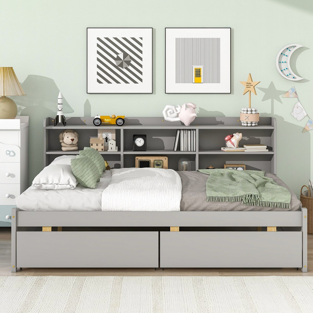 Gray Full Bed with Side Bookcase and Built-In Drawers