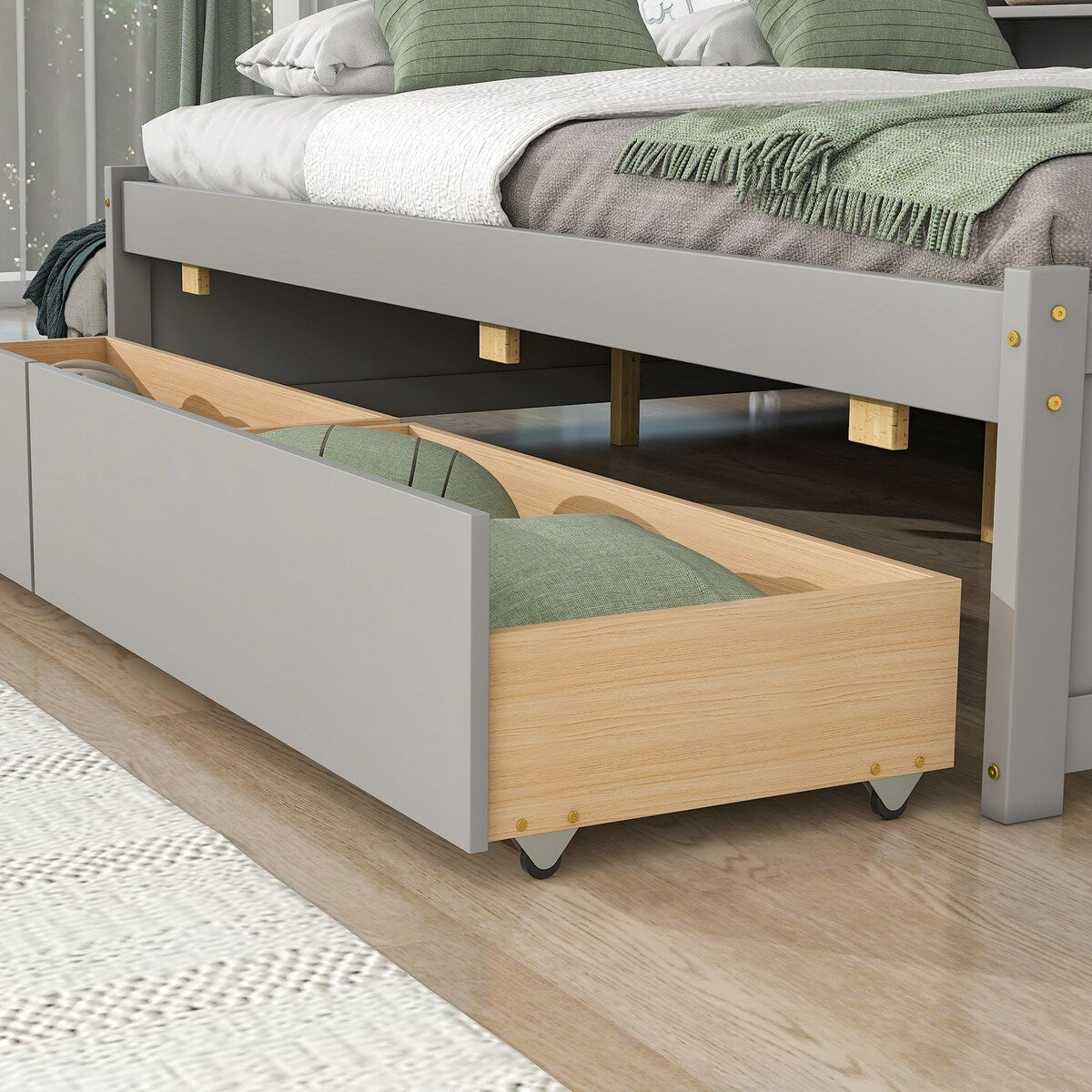 Gray Full Bed with Side Bookcase and Built-In Drawers