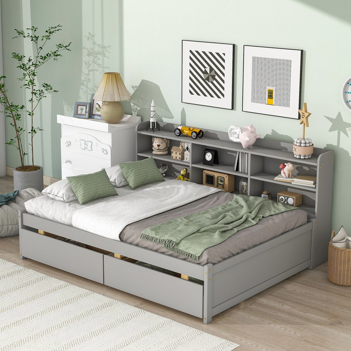Gray Full Bed with Side Bookcase and Built-In Drawers