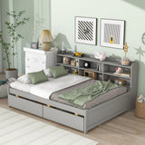 Gray Full Bed with Side Bookcase and Built-In Drawers