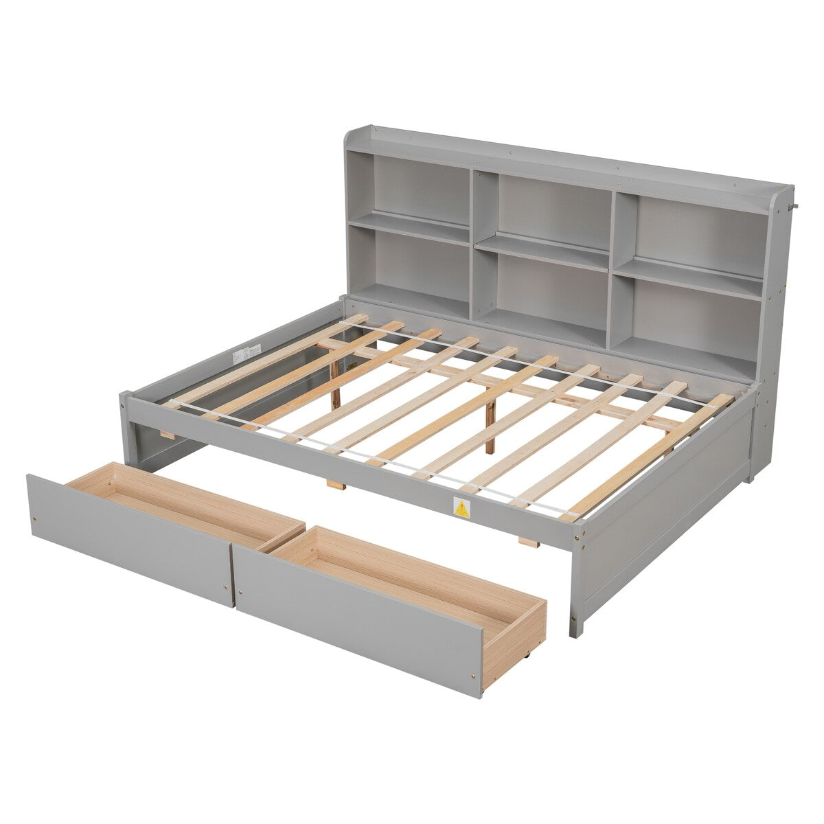 Gray Full Bed with Side Bookcase and Built-In Drawers