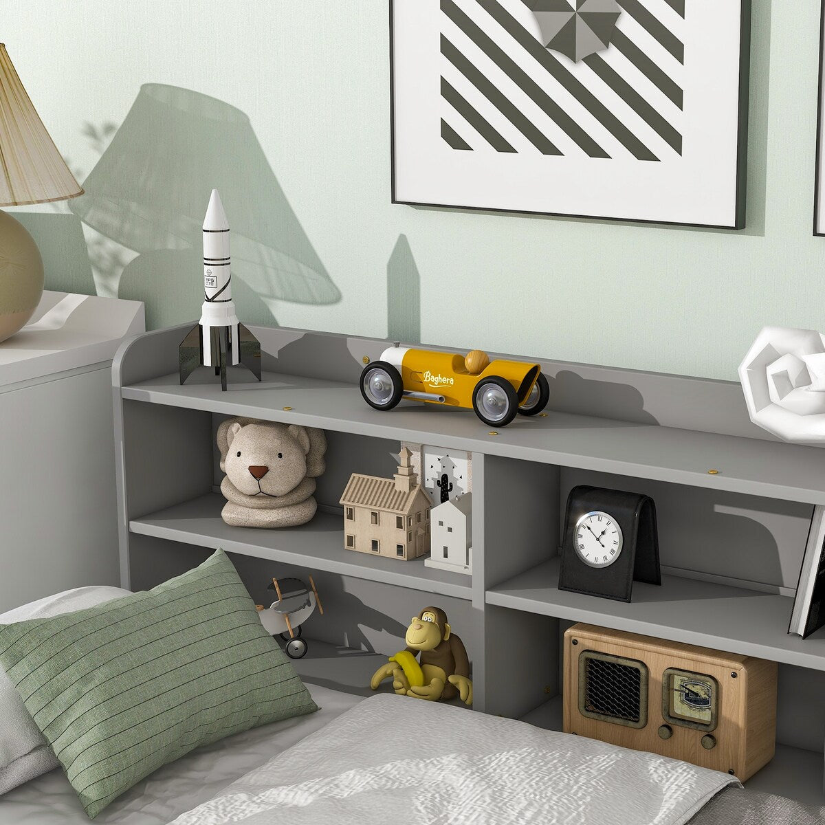 Gray Full Bed with Side Bookcase and Built-In Drawers