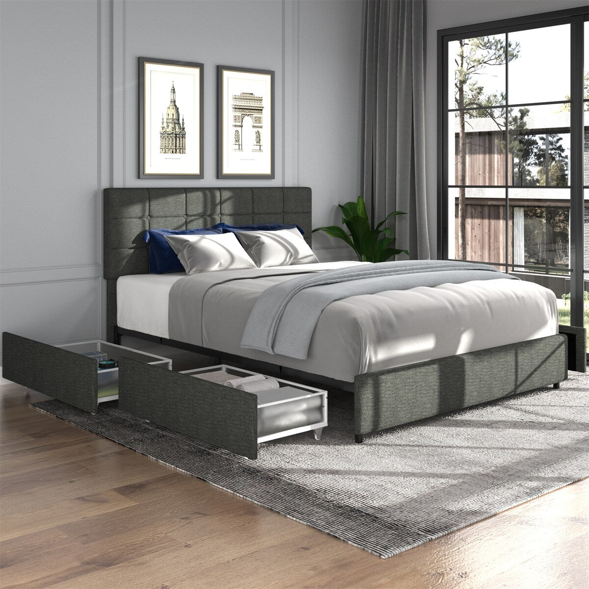 Gray Full Size Linen Upholstered Platform Bed with 4 Drawers