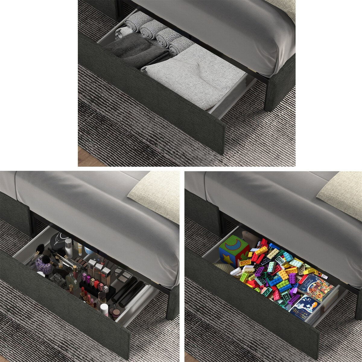 Gray Full Size Linen Upholstered Platform Bed with 4 Drawers