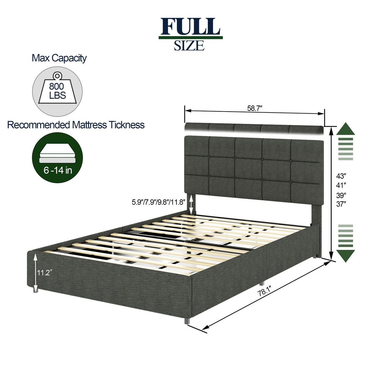 Gray Full Size Linen Upholstered Platform Bed with 4 Drawers