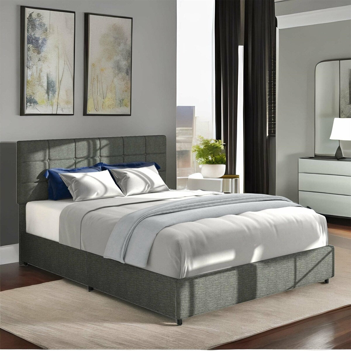 Gray Full Size Linen Upholstered Platform Bed with 4 Drawers
