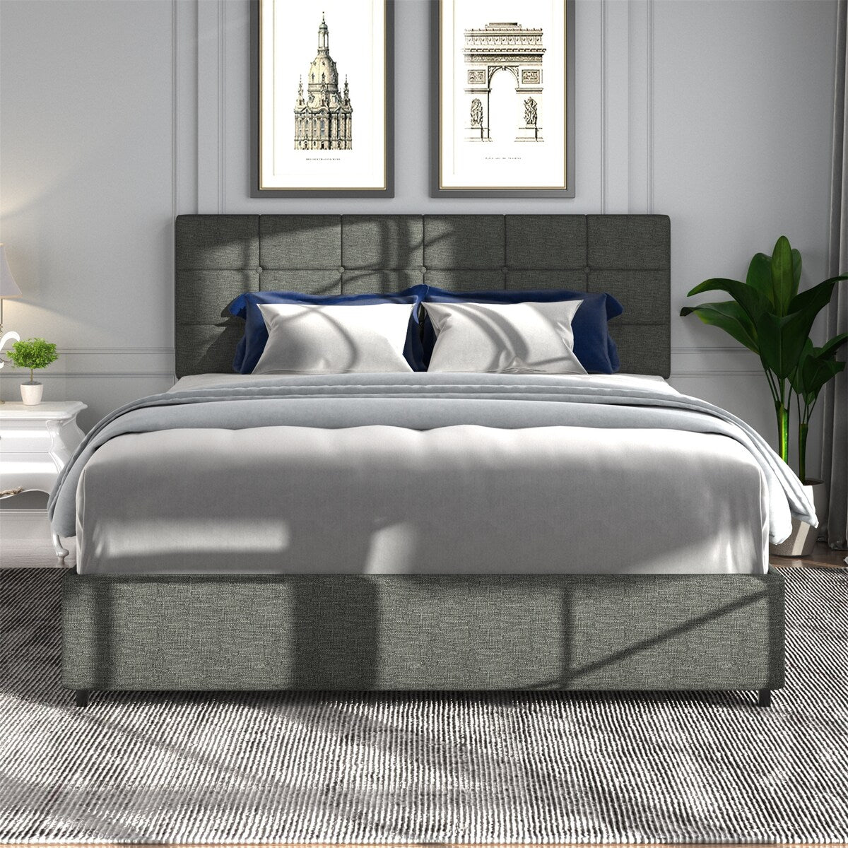 Gray Full Size Linen Upholstered Platform Bed with 4 Drawers