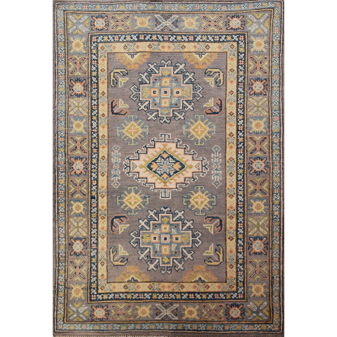Gray Geometric Kazak Foyer Rug Hand-Knotted Wool Carpet - 2'8"x 4'1"