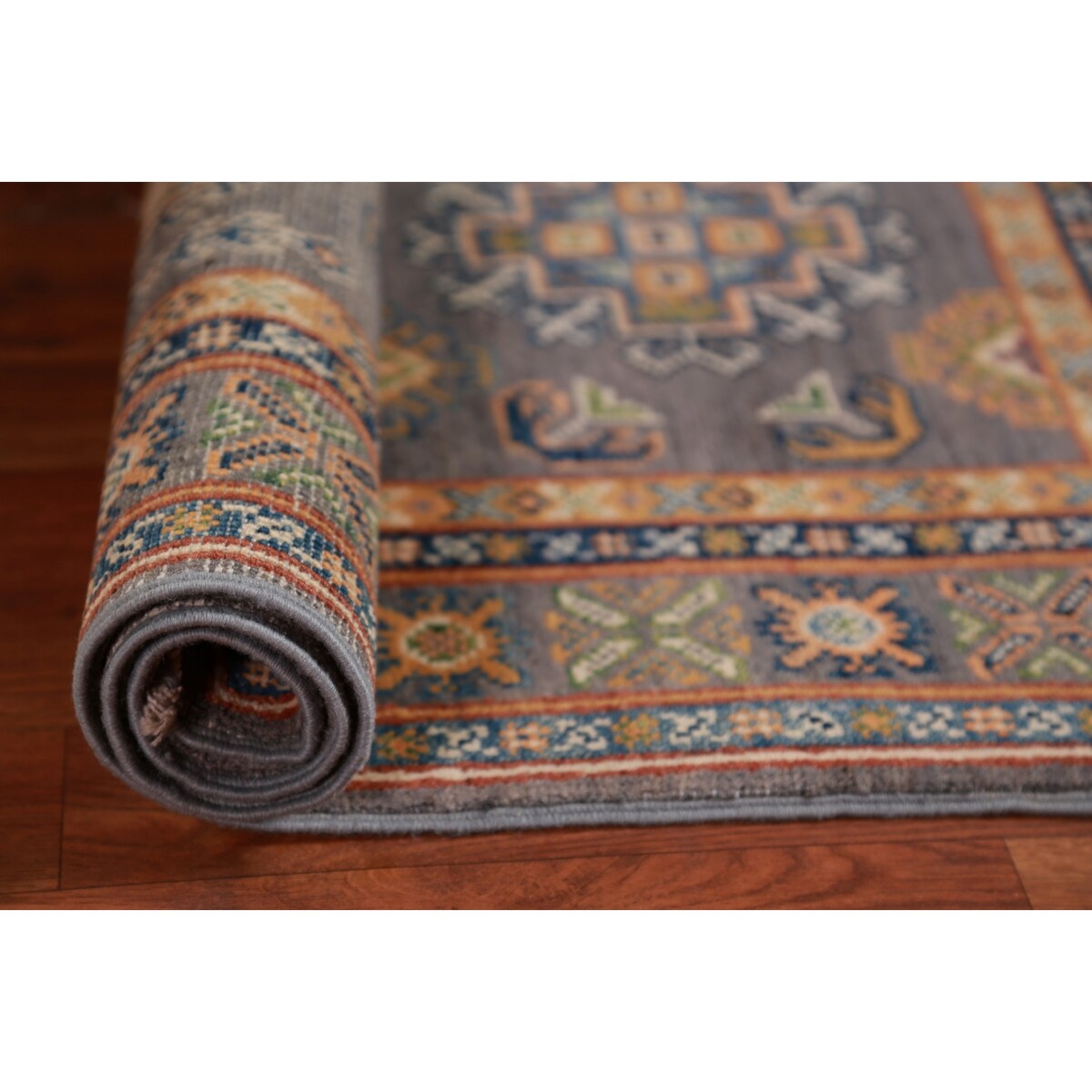 Gray Geometric Kazak Foyer Rug Handmade Wool Carpet - 2'8"x 4'0"