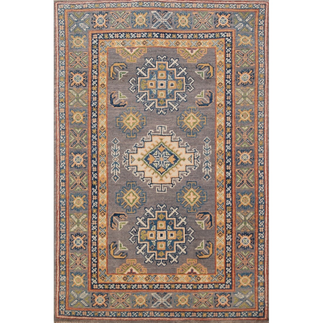 Gray Geometric Kazak Foyer Rug Handmade Wool Carpet - 2'8"x 4'0"