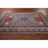Gray Geometric Kazak Oriental Area Rug Hand-Knotted Wool Carpet - 6'7" x 10'2"