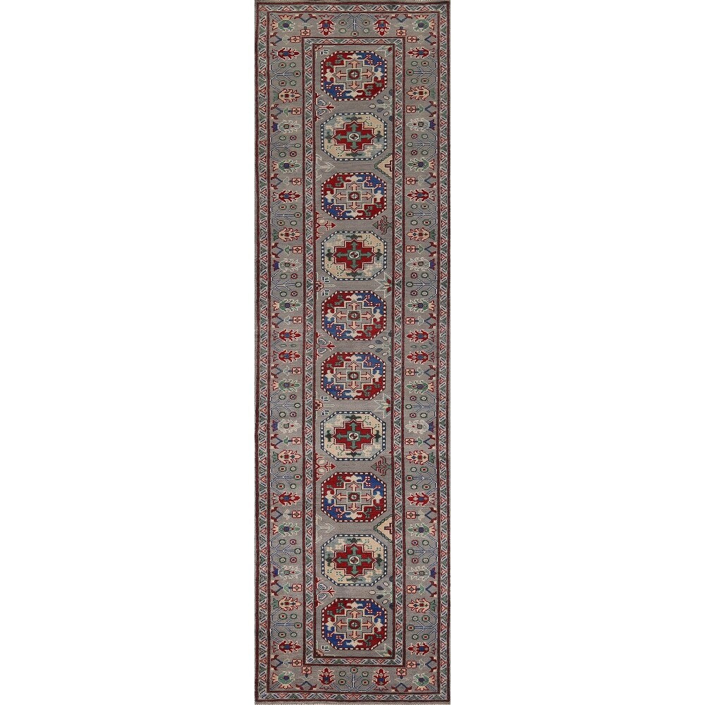Gray Geometric Kazak Runner Rug Hand-Knotted Wool Carpet - 2'9" x 12'8"