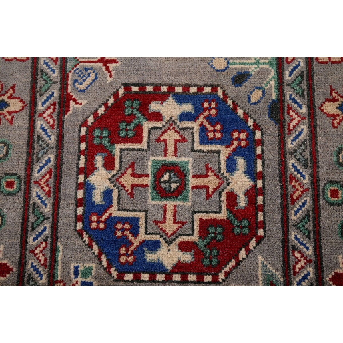 Gray Geometric Kazak Runner Rug Hand-Knotted Wool Carpet - 2'9" x 12'8"