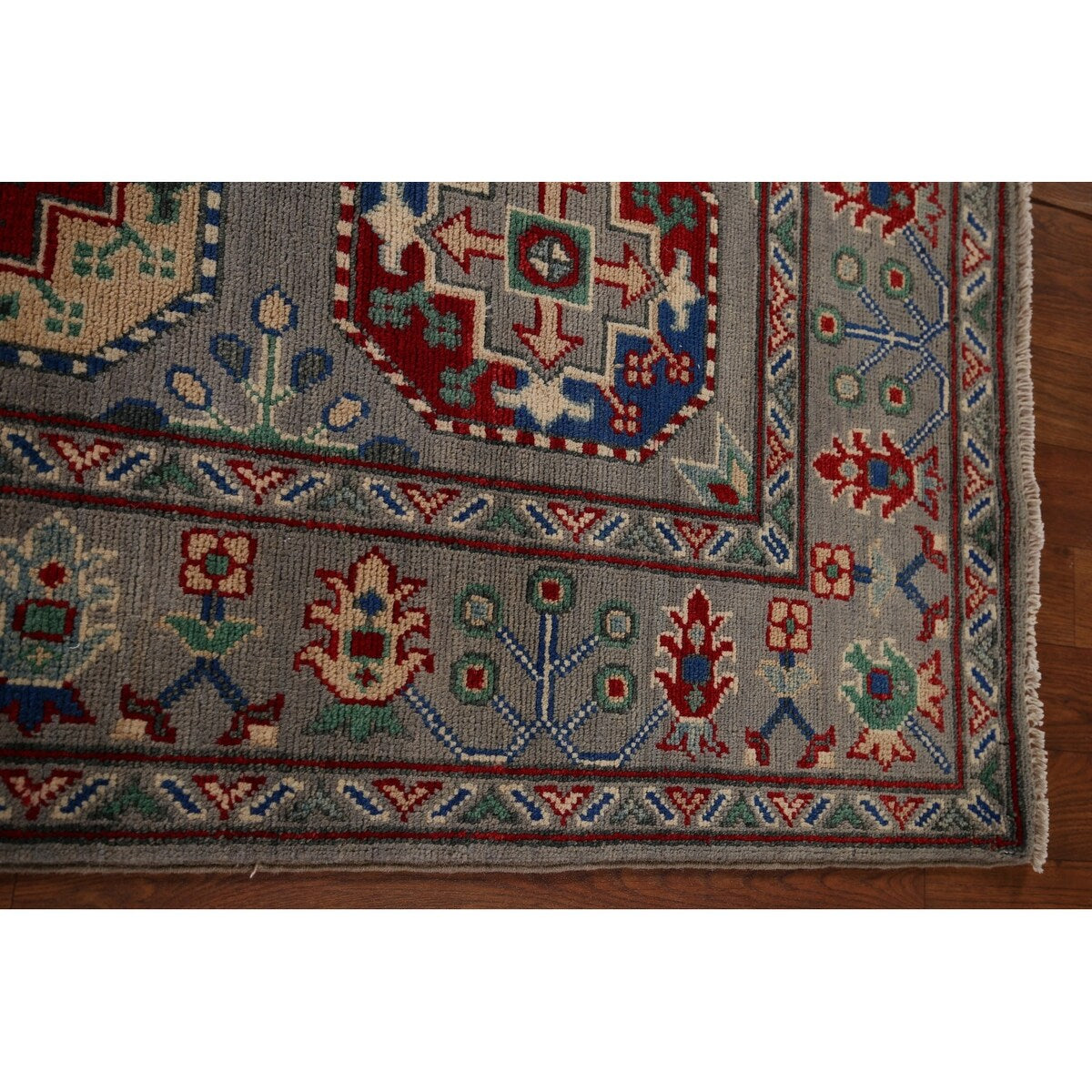 Gray Geometric Kazak Runner Rug Hand-Knotted Wool Carpet - 2'9" x 12'8"