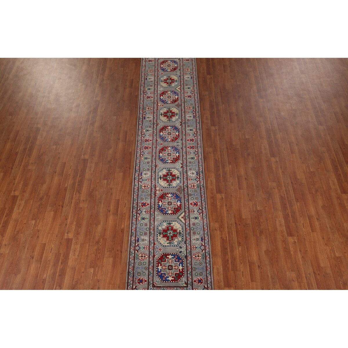 Gray Geometric Kazak Runner Rug Hand-Knotted Wool Carpet - 2'9" x 12'8"