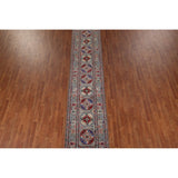 Gray Geometric Kazak Runner Rug Hand-Knotted Wool Carpet - 2'9" x 12'8"