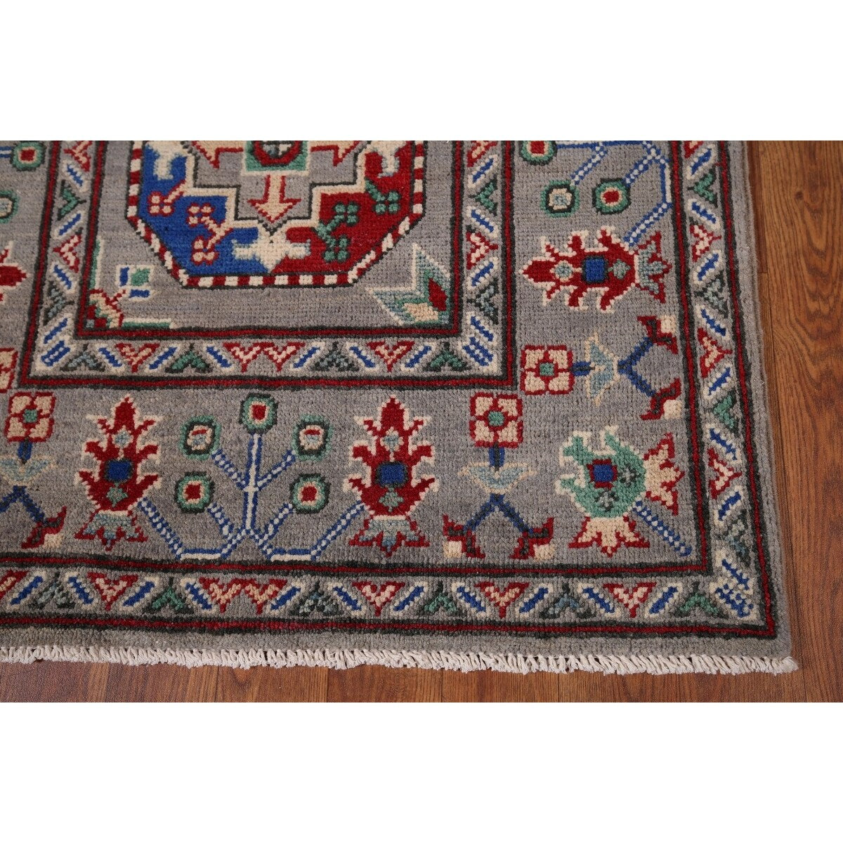 Gray Geometric Kazak Runner Rug Hand-Knotted Wool Carpet - 2'9" x 12'8"