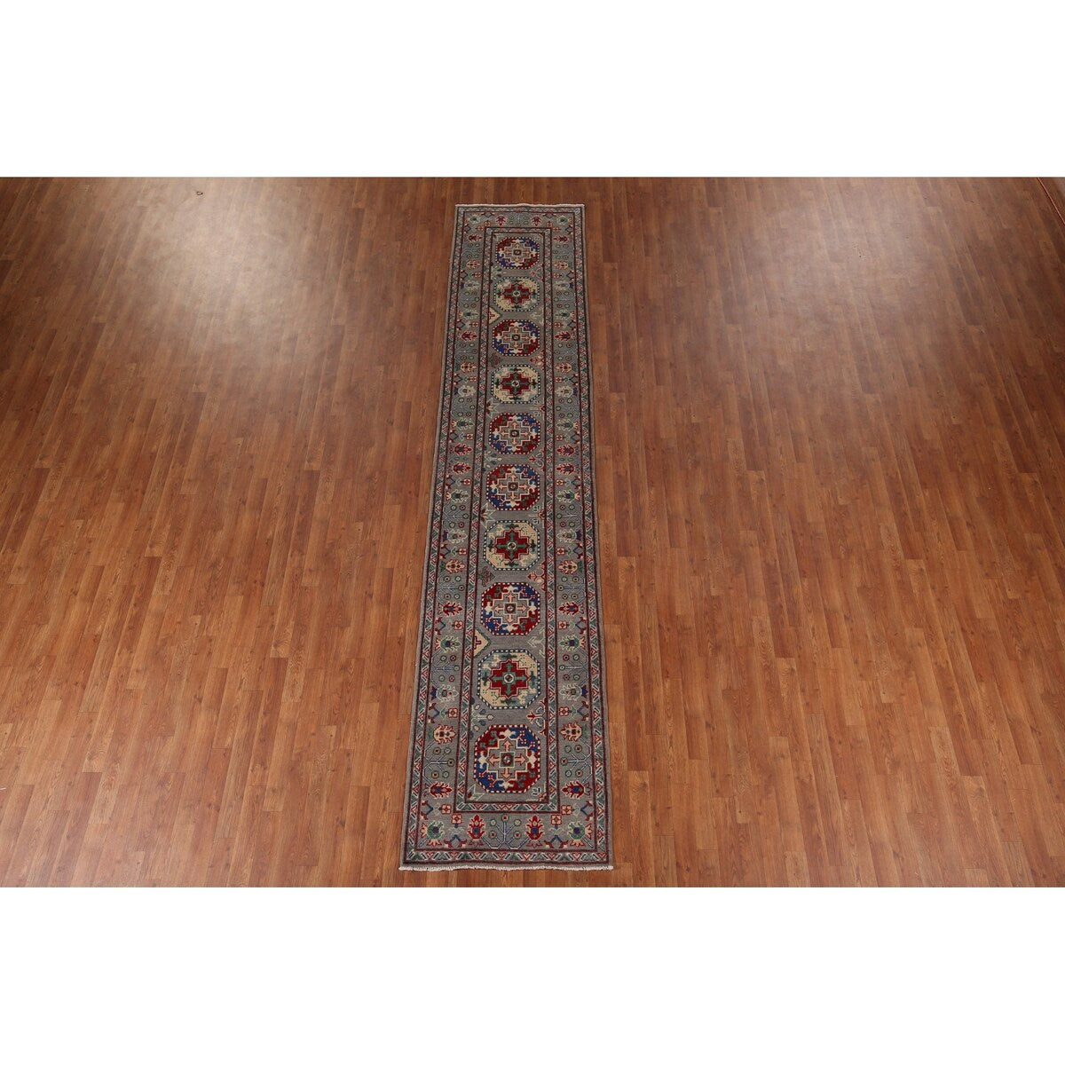 Gray Geometric Kazak Runner Rug Hand-Knotted Wool Carpet - 2'9" x 12'8"