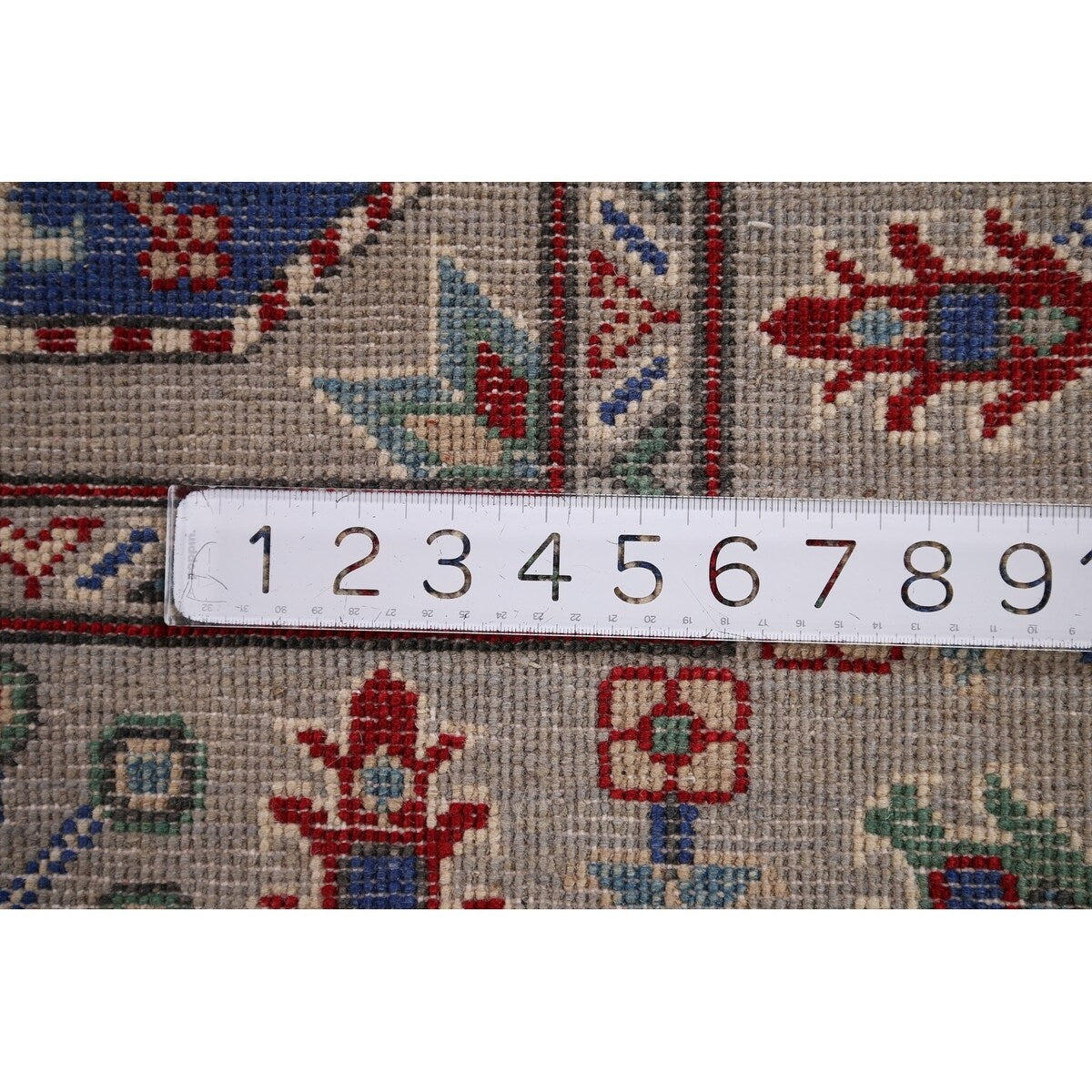 Gray Geometric Kazak Runner Rug Hand-Knotted Wool Carpet - 2'9" x 12'8"