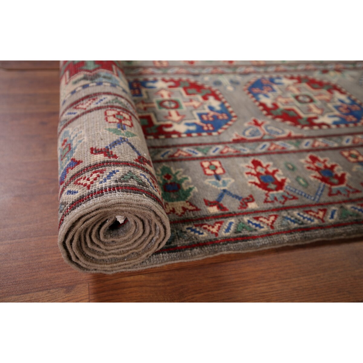 Gray Geometric Kazak Runner Rug Hand-Knotted Wool Carpet - 2'9" x 12'8"