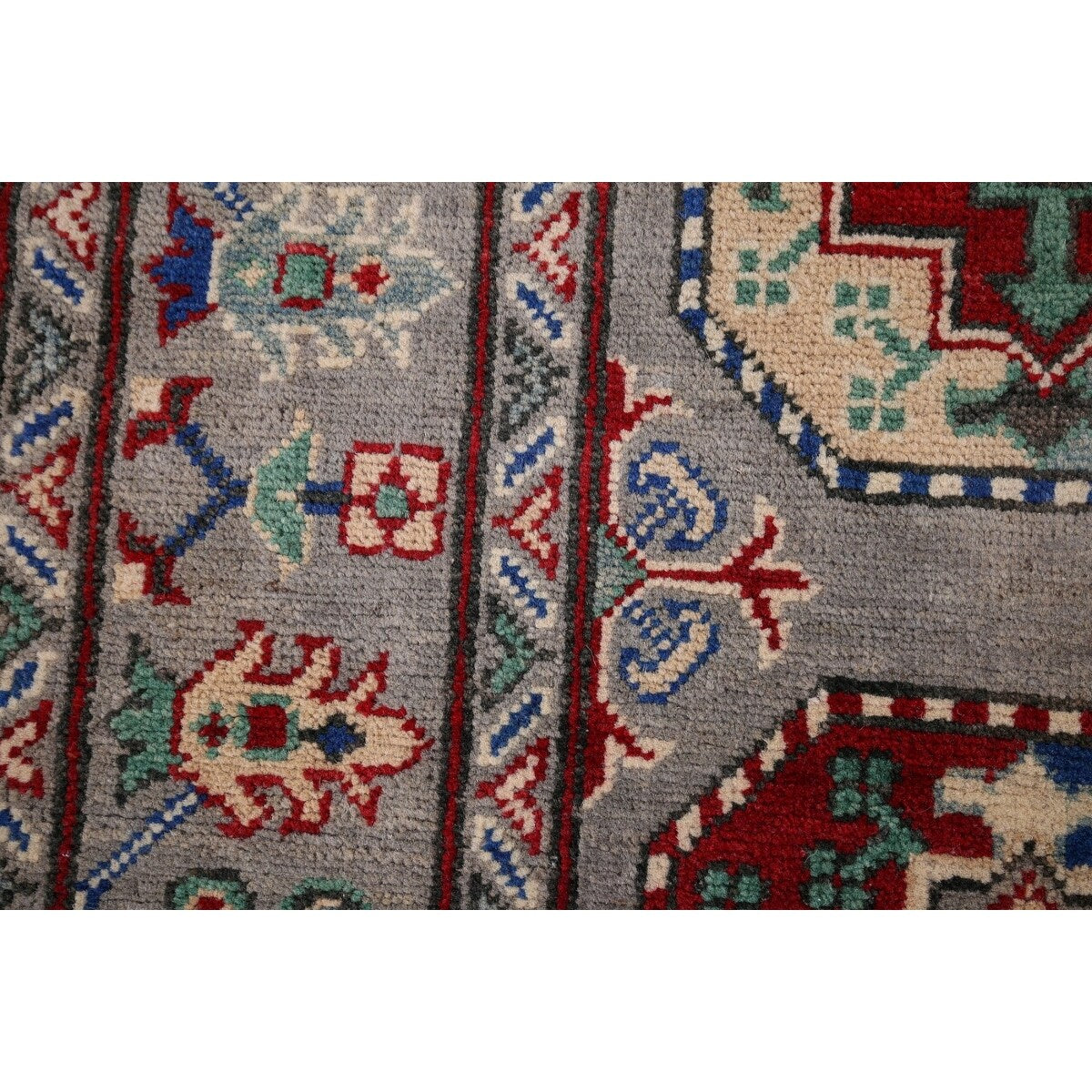 Gray Geometric Kazak Runner Rug Hand-Knotted Wool Carpet - 2'9" x 12'8"