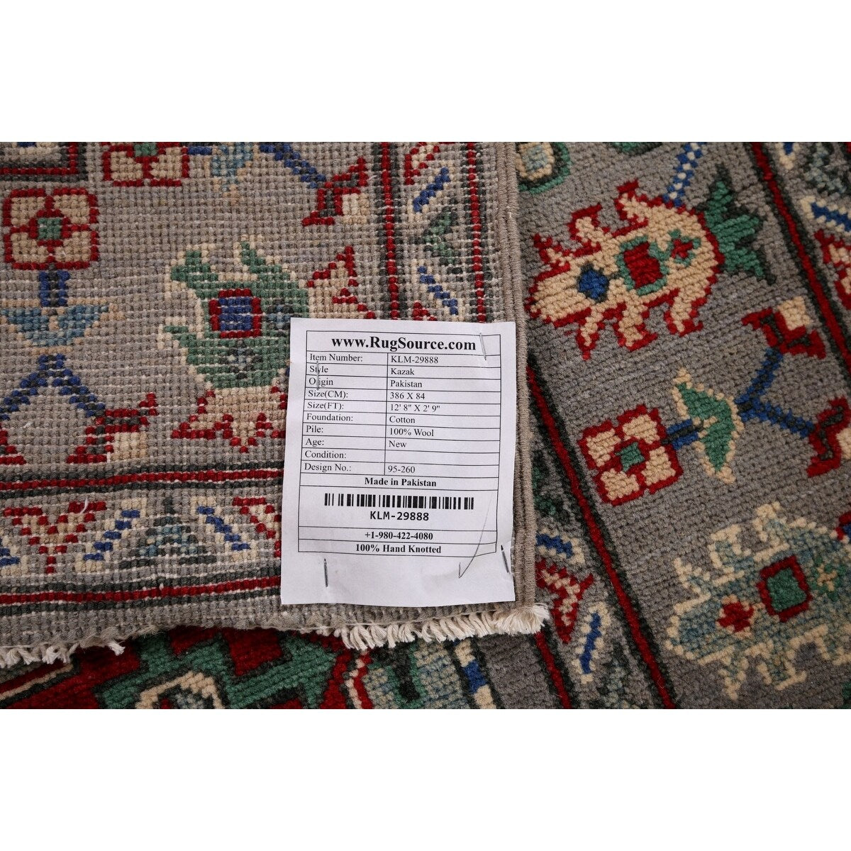Gray Geometric Kazak Runner Rug Hand-Knotted Wool Carpet - 2'9" x 12'8"