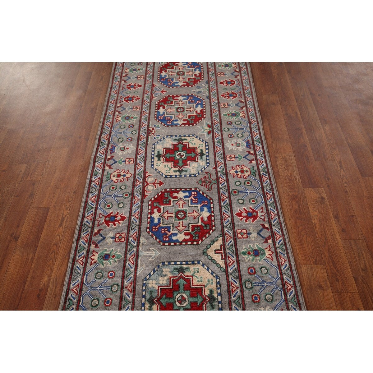 Gray Geometric Kazak Runner Rug Hand-Knotted Wool Carpet - 2'9" x 12'8"
