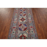 Gray Geometric Kazak Runner Rug Hand-Knotted Wool Carpet - 2'9" x 12'8"