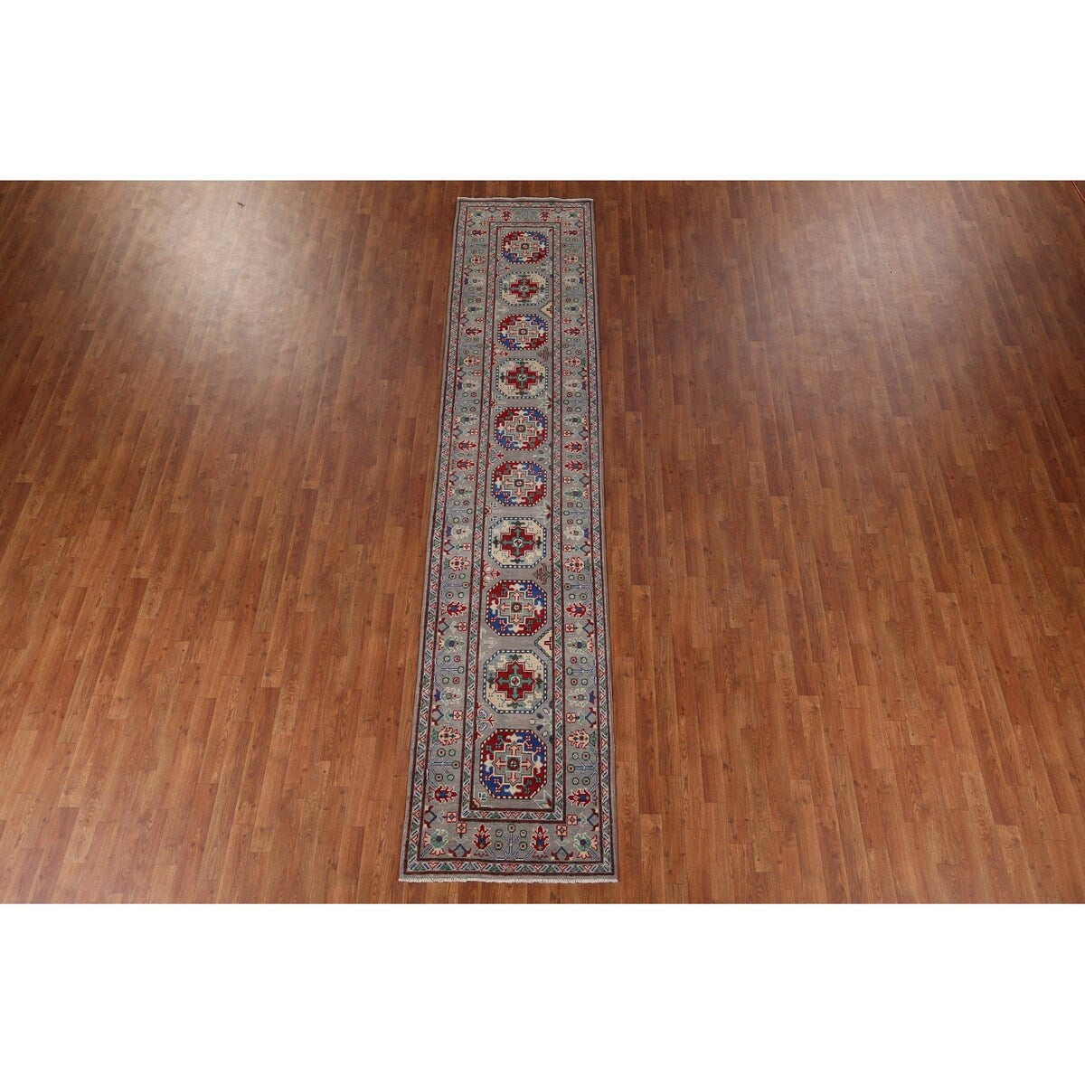Gray Geometric Kazak Runner Rug Hand-Knotted Wool Carpet - 2'9" x 12'8"