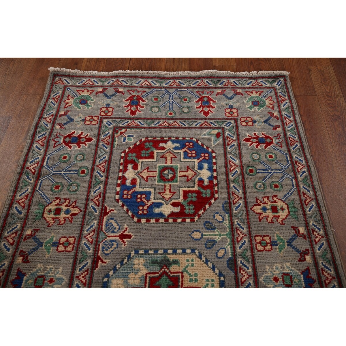 Gray Geometric Kazak Runner Rug Hand-Knotted Wool Carpet - 2'9" x 12'8"