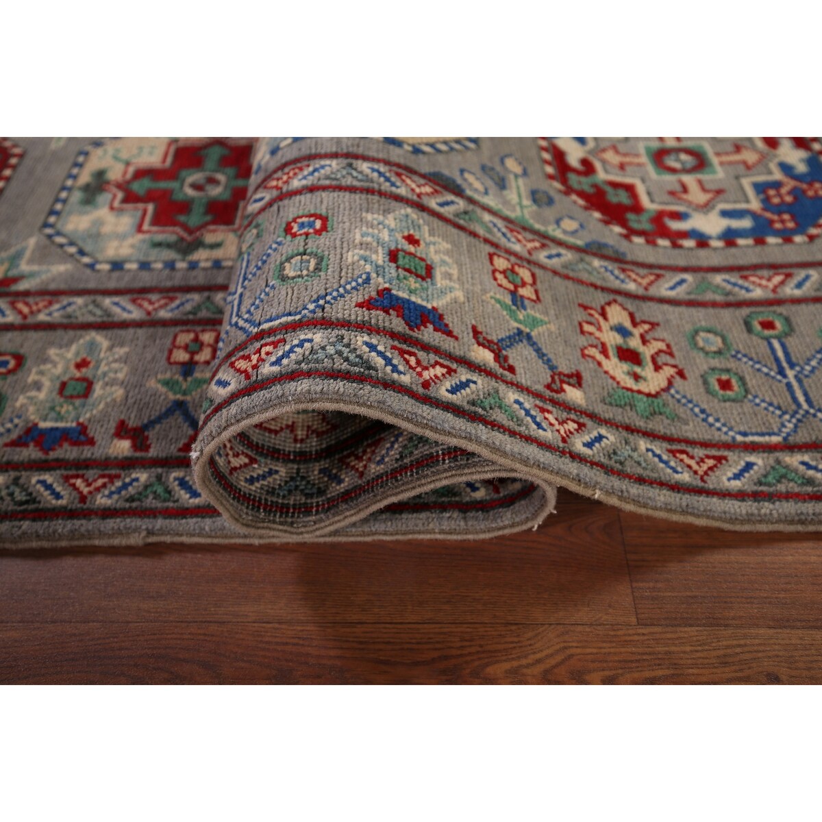 Gray Geometric Kazak Runner Rug Hand-Knotted Wool Carpet - 2'9" x 12'8"