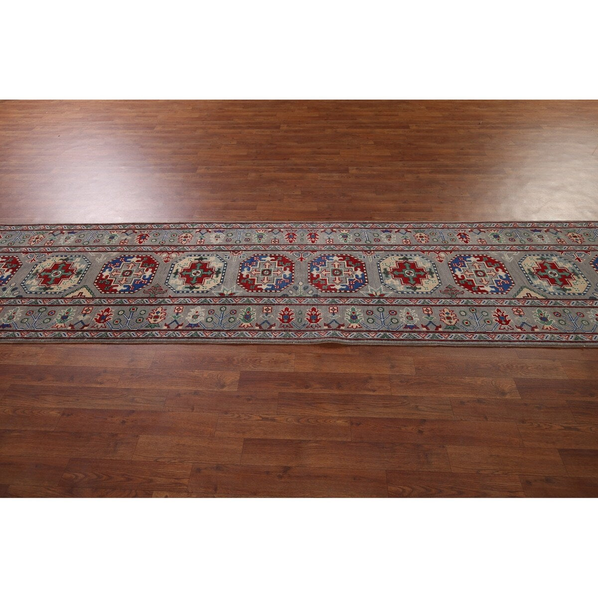 Gray Geometric Kazak Runner Rug Hand-Knotted Wool Carpet - 2'9" x 12'8"