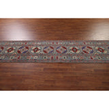 Gray Geometric Kazak Runner Rug Hand-Knotted Wool Carpet - 2'9" x 12'8"