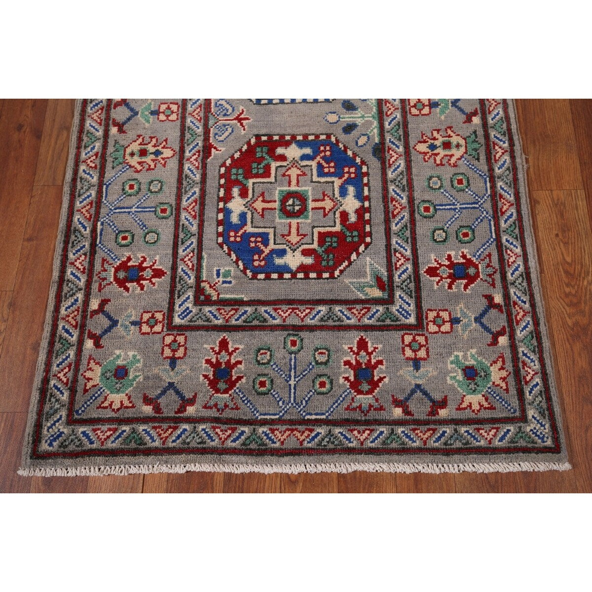 Gray Geometric Kazak Runner Rug Hand-Knotted Wool Carpet - 2'9" x 12'8"