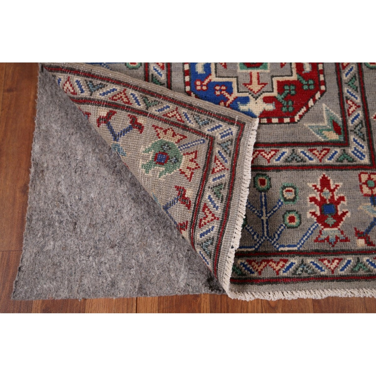 Gray Geometric Kazak Runner Rug Hand-Knotted Wool Carpet - 2'9" x 12'8"
