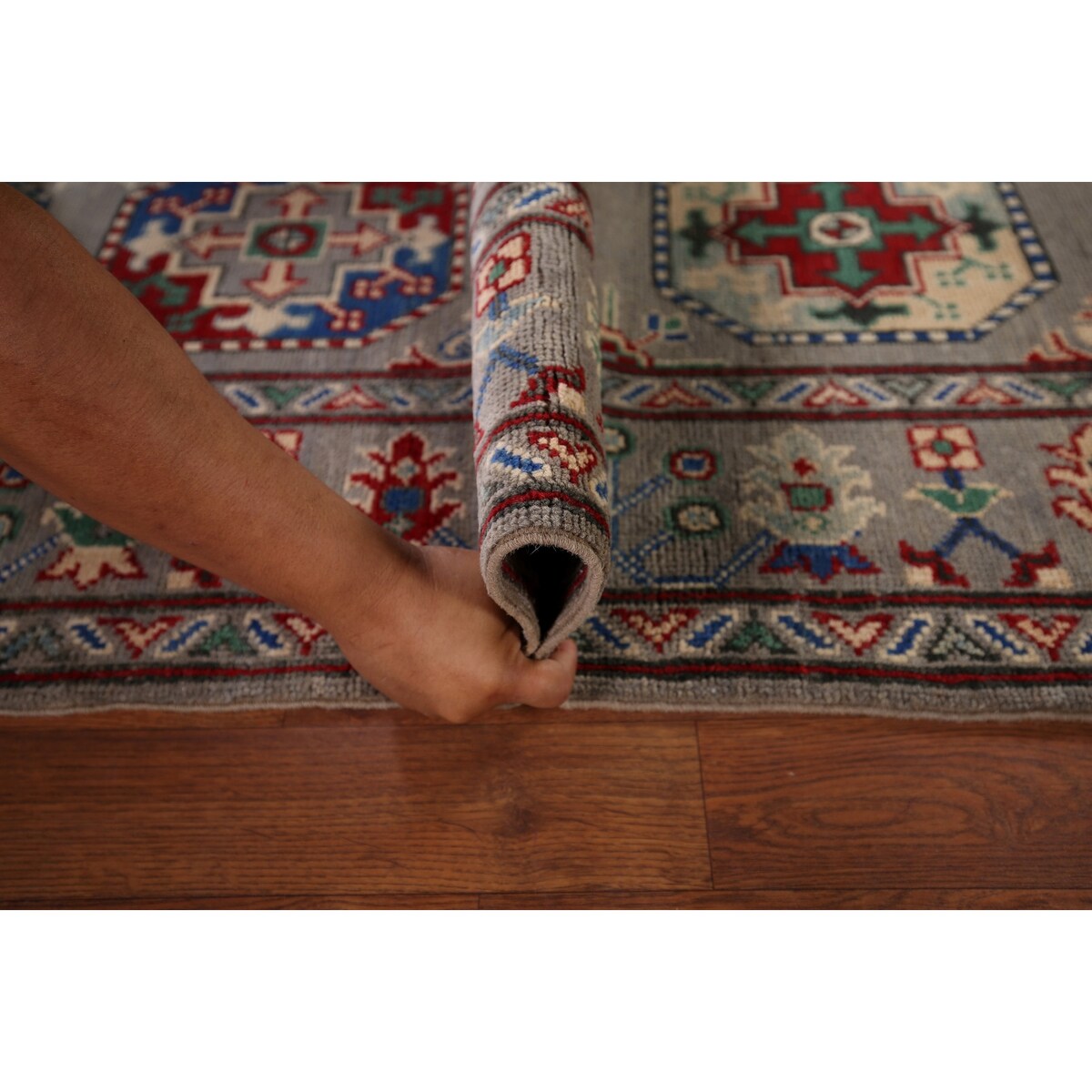 Gray Geometric Kazak Runner Rug Hand-Knotted Wool Carpet - 2'9" x 12'8"