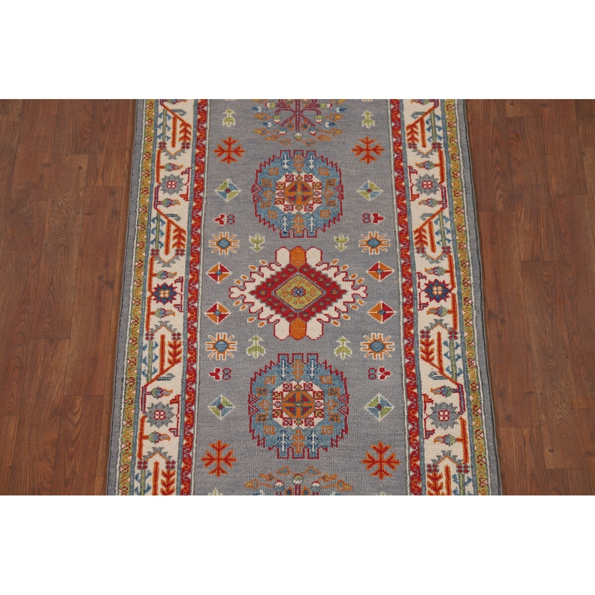 Gray Geometric Kazak Runner Rug Handmade Hallway Wool Carpet - 2'7" x 9'9"